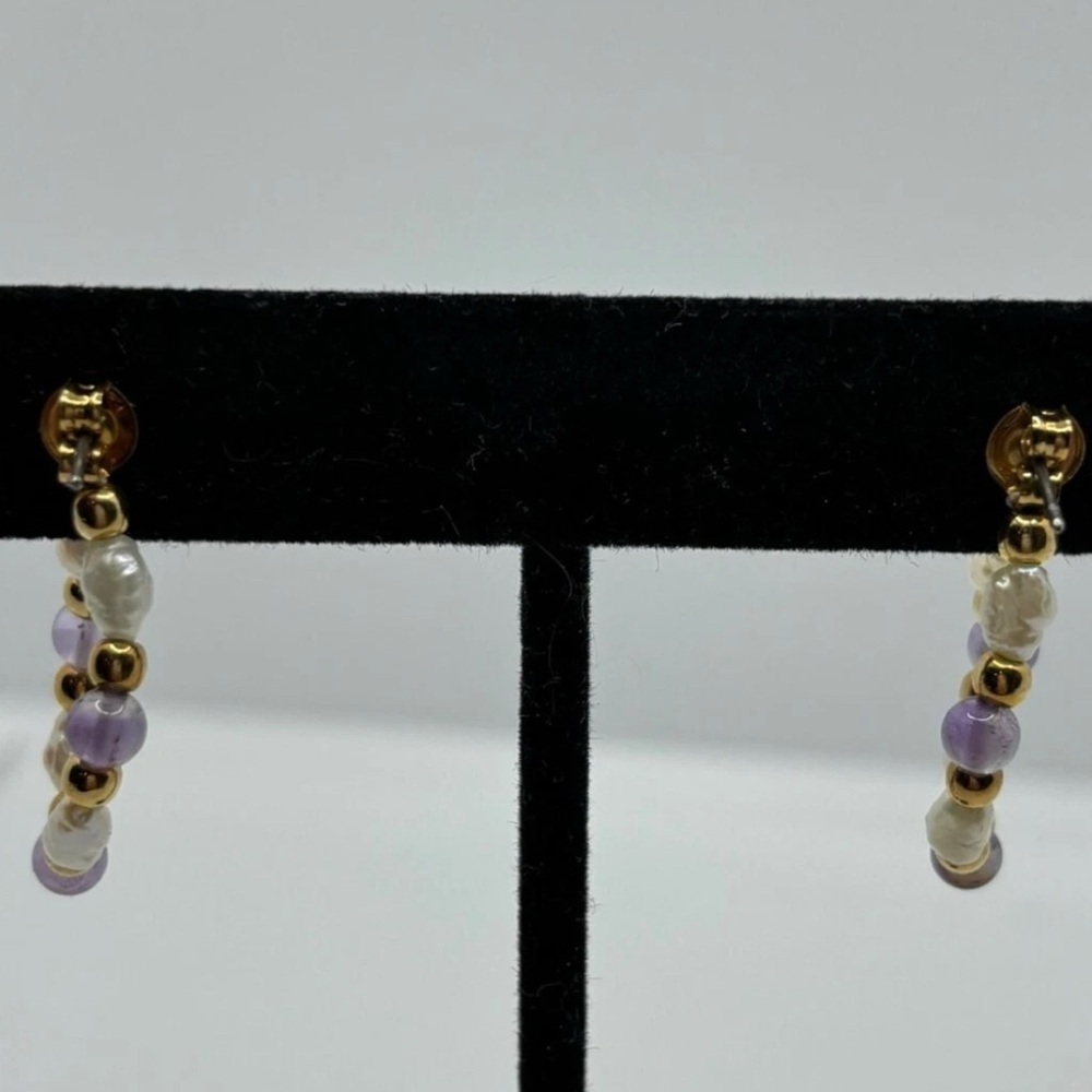 Boho Chic Gold Hoop Earrings with Amethyst & Pearls - Picture 4 of 7